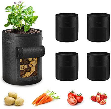 Lot de 5 sacs de culture de pommes de terre, sacs de plantation de légumes de jardin avec poignées et rabat de fenêtre, feutre respirant non tissé pour pommes de terre, carottes, oignons (noir)