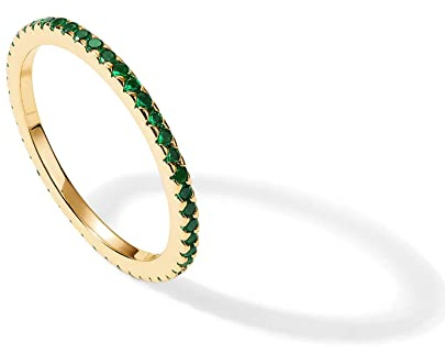 PAVOI 14K Yellow Gold Plated Sterling Silver Stackable Ring Colored CZ Stones | Green CZ Eternity Bands for Women (Size 7)