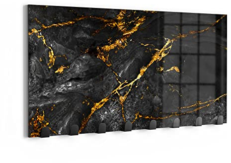 DEQORI Wandgarderobe Glas & Metall | Motiv Veredelter Naturstein | 60x30 cm | Design Haken-Leiste modern | Garderoben-Paneel für Flur, Wohnzimmer & Schlafzimmer | magnetisch & beschreibbar
