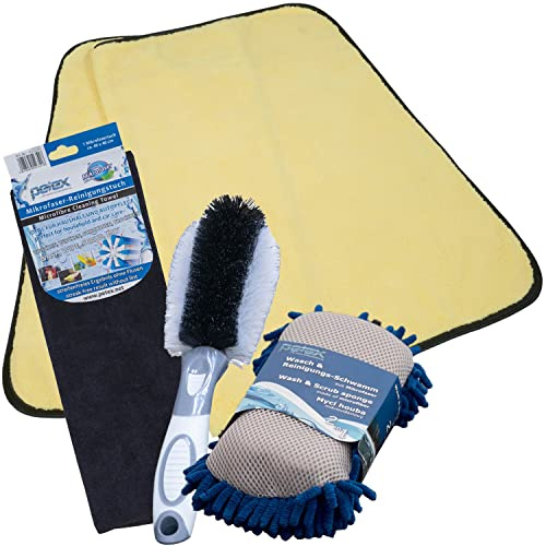 PETEX Auto Reinigungs-Set: 1x Reinigungs-und Waschschwamm, 2X Mikrofasertücher, 1x Felgenbürste