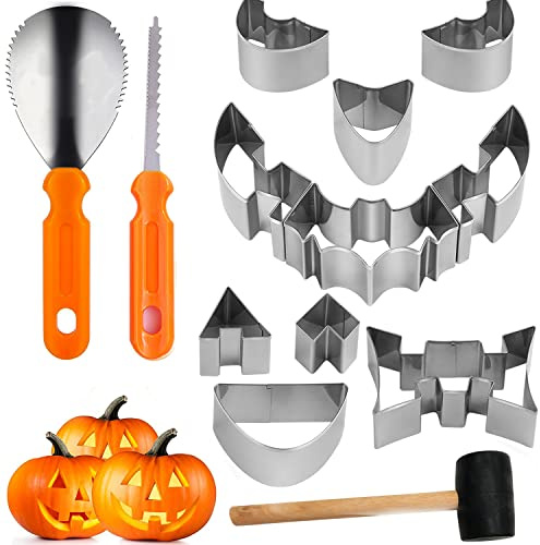 13er Halloween Kürbis Schnitzset - Kürbisschablonen & Werkzeuge aus Edelstahl - Für Kinder & Familie - DIY Halloween Dekoration