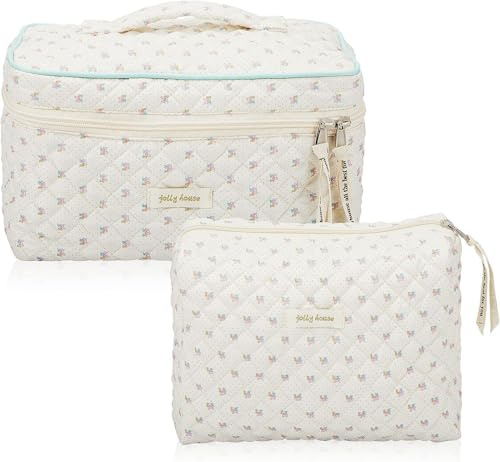 Yeria Make up Tasche, Groß Gesteppte Makeup Bag Aesthetic, Gesteppte Kulturtasche Damen, Baumwolle Make up Tasche mit Blumenmuster für Kinder Damen (A1+B1)