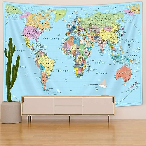 Weltkarte Wandteppich, Weltkarte der Welt Kinder Student Blau Wandteppich Wandbehang für Schlafzimmer, Vintage Asien Europa Süd Stadt Topographie Amerika Afrika Japan Wandteppiche Poster Decke