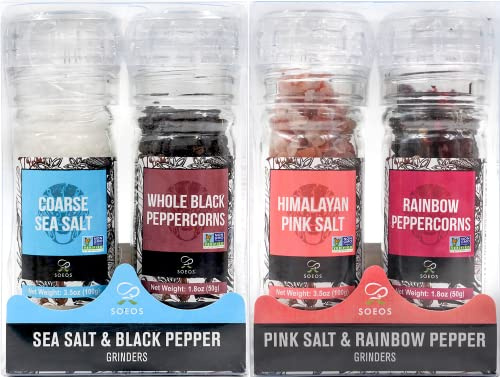 Soeos Granos de pimienta negra + sal marina blanca + granos de pimienta arcoíris + sal rosa, 10.6 onzas (300.50 g), juego de sal y pimienta, juego de molinillo de especias, juego de especias