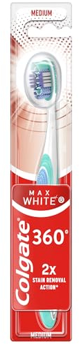 Colgate Max White 360 Spazzolino da Denti Durezza Media, 1 Pz Sbiancamento dei Denti, Rimuove Macchie, Pulisce Zone di Difficile Accesso, Pulitore Lingua e Guance, Elimina l'Alito Cattivo
