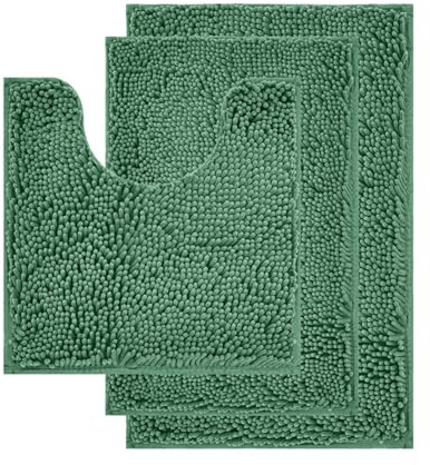 Reyox Chenille Badezimmerteppich Set 3 Teilig, Badvorleger rutschfest Waschbar, Weicher Absorbierende Badematte Dunkelgrün 1