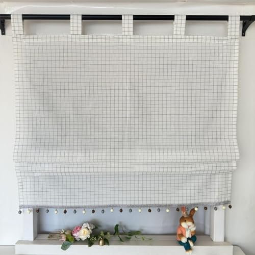 Vordesack Blickdichter Raffrollo mit Karo-Muster Landhausstil Gardinen mit Quasten-Kante Raffgardine mit Schlaufen Wohnzimmer Gardinenschal Küche 1 Stück Weiß HxB 140x45cm