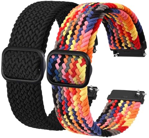BISONSTRAP 2-pack flätade klockarmband i nylon, uppgradering justerbart spänne, stretchiga ögla-remmar för män och kvinnor, bandbredd 16 mm 18 mm 19 mm 20 mm 22 mm 24 mm, 22mm, Nylon, Ingen ädelsten
