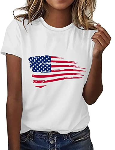 CGGMVCG Niedliches Oberteil für Damen, lässig, Amerika-Flagge, Rundhalsausschnitt, kurzärmelig, Bluse, Tops, T-Shirt, T-Shirt für Damen, Z11 Weiß, M