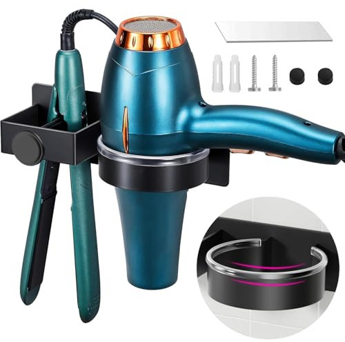 Hair Dryer And Straightener Holder, Hairdryer Holder Station Wall Mounted & Self Adhesive, Shelf Bracket Stand Hanger Organizer Blow Storage With Cable Tidy Rack For Dressing Bathroom Barber Shops