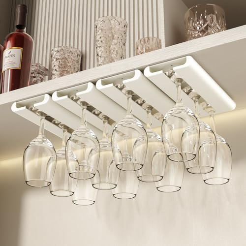Vaisoeny Wine Glass Holder, 4 Pack Wine Glass Holder Under Cabinet (White) | Made of Sturdy ABS, Durable Wine Glass Holder Under Cabinet Features Rounded Edges to Prevent Scratches and Secure Glasses