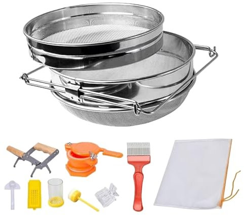 JOERBABU Bienenzucht-Ernte-Kits, Edelstahl, Doppelsieb, Honigsieb, Rahmen, Griff und Entdeckelgabel, Imkerbedarf