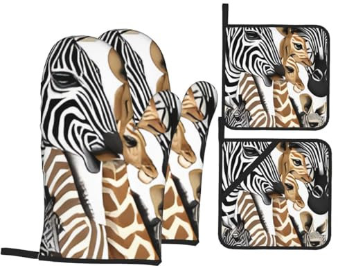 4pcs Oven Mitts And Pot Holders Sets - Zebra And Giraffe - Insulated Microwave Oven Mitts And Cooking Mitts, Anti-Skid Oven Gloves Set With Hot Pads, For Cooking, Baking, Grilling