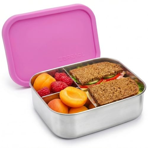 BREADL Edelstahl Brotdose, Feste Trennwand und 3 Fächer, Silikondeckel, Auslaufsicher, Spülmaschinengeeignet, Kleine 1000ml Lunchbox und Brotzeitbox aus Metall für Kinder und Erwachsene