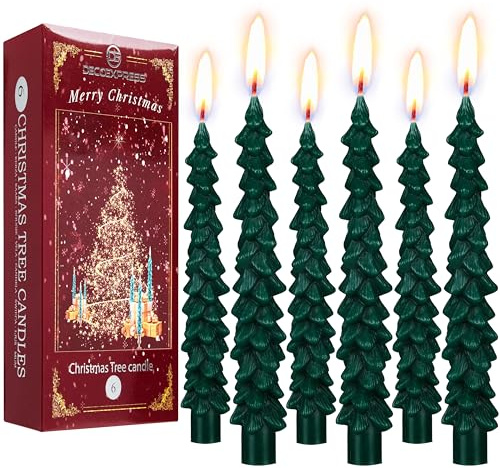Deco Express Bougies Sapin de Noël Lot de 3 ou 6 Effilées Bougies Longue Durée 7h Décoration de Fetes Centre de Table Noël Idée Cadeau (Vert 6 Pcs)