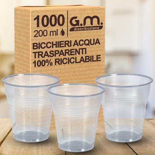 G.M. DISTRIBUZIONE 1000 Pezzi Bicchieri D'acqua in Plastica Trasparenti da 200 ml, Riciclabili, Extra Rigidi e Super Resistenti, Usa e Getta, Ideale per Casa, Ufficio, Asporto Bevande Fredde