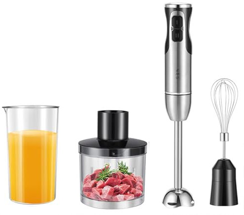4 en 1 Main Mixeur,2 Vitesses Mélangeur à Multifonction en Acier Inoxydable,400W Batteur Electrique Cuisine,Fonction Anti-éclaboussures pour Mélanger les Légumes les Glaces et de la Confiture (Blanc)