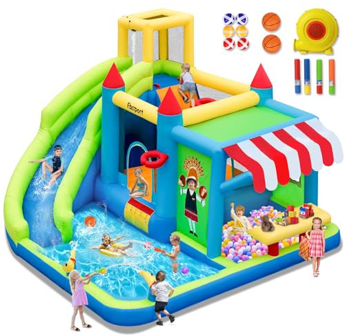 FBSPORT hüpfburg Outdoor mit gebläse hüpfburgen Kinder aufblasbare hüpfburg draußen XXL Outdoor für Erwachsene groß hüpfburg mit rutsche geeignet für Kinder 424 ×388 ×238 cm