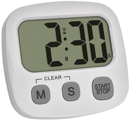 TFA Dostmann Digitaler Kurzzeitmesser zum Kochen/Lernen/Sport, 38.2057.02, Inklusive Stoppuhr und Uhrzeit, Magnetisch, Großes Display, Eieruhr, Küchen-Timer, Weiß