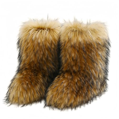 FQLGJMY Faux fourrure fourrure bottes de neige femmes hiver fuzzy chaussures mousseuses daim chaud mi-veau confortable extérieur chaussures de mode plates