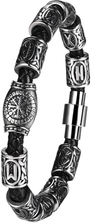 Cupimatch Wikinger Leder Armband Herren, Schwarz-Silber | Nordisches Geflecht, Kompass Runen, Edelstahl, Vintage Punk Rock, Keltische Geschenke