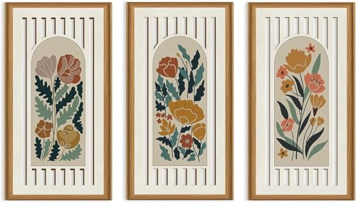Celestdeco Boho Florale Wandskulptur Blumen Gerahmt Bunt 20x40cmx3