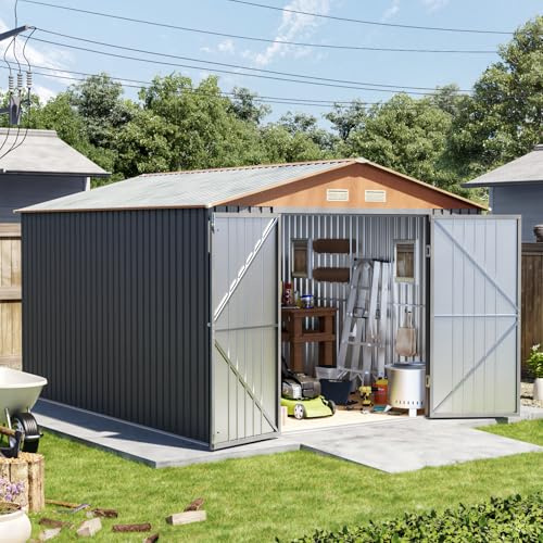 10x12x7.4FT Outdoor Storage Shed with Lockable Large Doors, Matte Gray