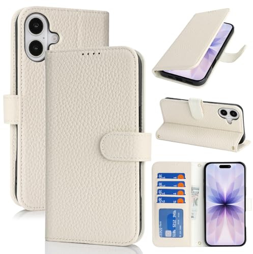 Zouzt Hülle für iPhone 17 6,3 Zoll, Echt Leder Hülle mit 4 Kartenfächern, RFID Blocker, Kartenhalter Magnet Klapp Stoßfest Schutzhülle Frauen Männer für iPhone 17 - Milchig Weiß