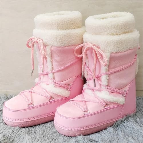 ROEUIPG Botas de Nieve for Mujer, Botas Gruesas Blancas y Negras, Plataforma con Cordones for Invierno, esquí Impermeables a Media Pantorrilla for(Pink L4,41-42)