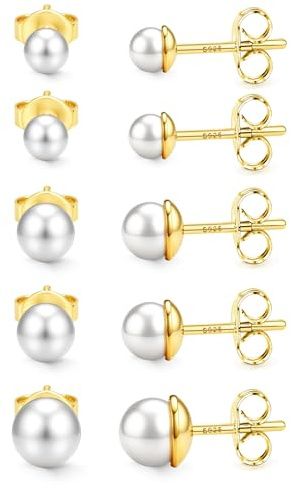Morfetto 5 Paar Ohrringe Silber 925 Hypoallergene Ohrstecker Set Damen - Kleine 14K Gold Vergoldet Ohrstecker Zirconia Kugel Herz Blumen Perlen Ohrringe Silber 925 Stecker Schmuck Geschenke