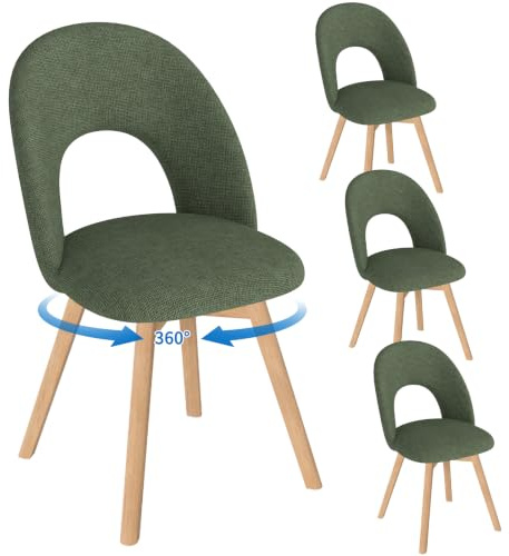 WAFTING Esszimmerstühle drehbar Polster Holzbeine 4er Set，Grün | 360° drehbar, dicker Leinenstoff mit luftdurchlässiger durchbrochener Rückenlehne, geeignet für Esszimmer, Küche, Wohnzimmer