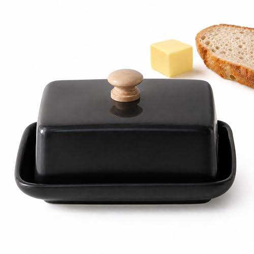 SINAYREK Boîte à beurre en céramique avec couvercle noir, 250g, pour réfrigérateur et table, cloche à beurre lavable au lave-vaisselle, rangement beurre pour cuisine ménagère