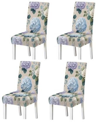 Coprisedie Elastiche, Stampa Ortensia Blu Viola Beige Per Casa Cucina Sala Da Pranzo Festa, 2/4/6 Pezzi fodere rimovibili per sedie da pranzo(4PCSChair cover)