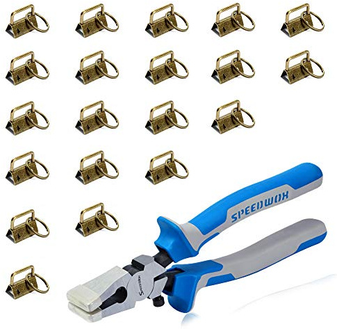 SPEEDWOX Key Fob Pliers and 20 Sets 1 Inch Key Fob Hardware with Keychain Split Rings Webbing Fabric Strapping Wristlet Set Antique Brass Glass Breaking Pliers Tools with Rubber Tips