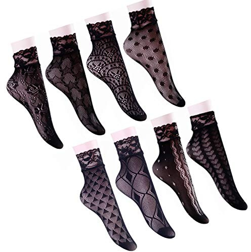 ANDIBEIQI 8 Paia Calze a Rete Donna Calzini Corte Pizzo Merletto Sexy Elastiche Fishnet Socks Collant Lingerie Sexy Nero