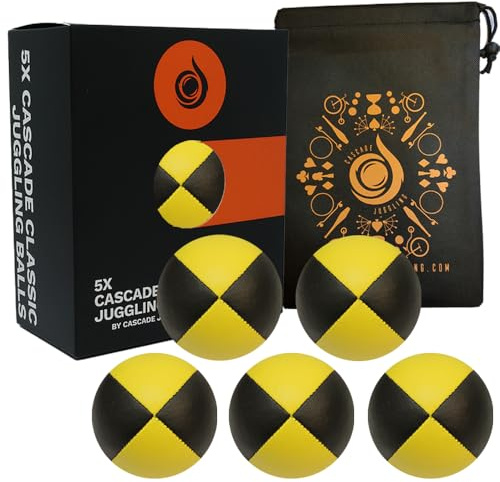 Pro Cascade Lot de 5 balles de jonglage classiques noires – Balles de jonglage Thud et sac – Lot de 5 balles de jonglage (jaune et noir)