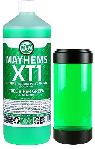 Mayhems - XT1 Premixed PC Coolant - Computer Water Cooling Fluid - Liquid Cooling, Thermal Performance Series, UV Fluorescent, 1 Litre, Tree Viper Green