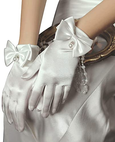 Ayliss Women Bridal Wedding Gloves Satin Short Opera Party 1920s Fancy for Special Occasion Dress Formal Dancing Cosplay (White)