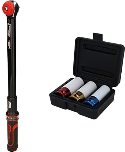 KS TOOLS 516.1402 - Clé Dynamométrique - Gamme ERGOTORQUEprécision- 1/2 - 40-200 Nm - Avec Verrouillage Quick Lock - Bleu & 515.1005 Jeu de 3 douilles à chocs pour jantes aluminium, 17, 19, 21 mm
