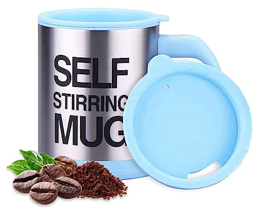 AEX Tazza da caffè auto-agitante, in acciaio inox, elettrica, con coperchio, per mescolare e ruotare automaticamente, ottima idea regalo per uomini, donne, bambini, blu, 450 ml