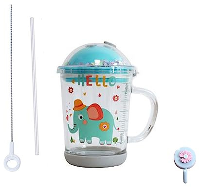 Xfeyaqlo Tazza con cannuccia, con coperchio, coperchio antiscivolo e cannuccia in silicone, per tè al latte, per microonde, elefante blu, vetro, 400 ml
