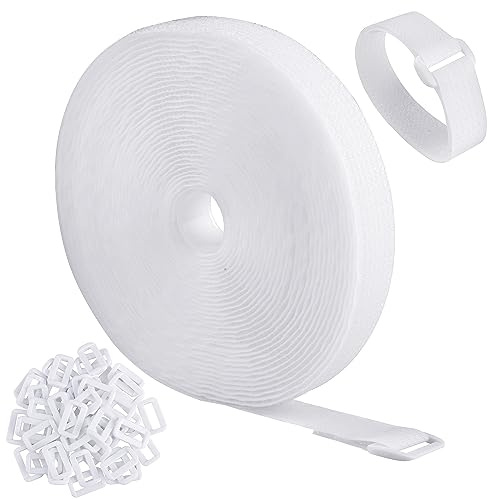 WSZJINB 10 m x 2 cm justerbara kabelremmar med 50 spännen, fri klipplängd, vita återanvändbara fästbuntband, krok och ögla säkringsrem för kabelprydnad, kabelhantering, sladdorganisatör