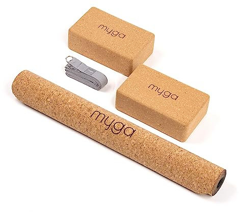Myga Kork-Yoga-Set | Komplettes Set mit Yogamatte, 2 Yogablöcken & Gurt (Grau) | Rutschfest & Unterstützend | Ideal für Yoga, Pilates, Meditation & Fitnessübungen | Umweltfreundlicher Naturkork