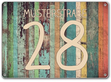 banjado® Hausnummernschild personalisierbar Motiv Bunte Bretterwand - Hausschild personalisiert Draußen mit Straßennamen möglich - Hausnummernschild Edelstahl versch. Motive - inkl. Montagematerial