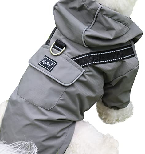 JoyDaog Impermeabile per cani di piccola taglia, con cappuccio, per sport all'aria aperta, impermeabile, con tasche, grigio, S