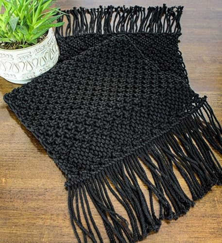 Macrame Black Yarn Table Runner 14 x 45 Primitive, Country, Rustic Home Decor