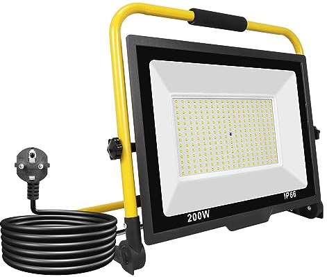 RIGIDON 200W LED Baustrahler, 20000LM Tragbarer Led Arbeitsscheinwerfer, Led Strahler Arbeitsstrahler Mit Stecker, Bauscheinwerfer, Für Werkstatt Baustelle Garage Garten, 6000K