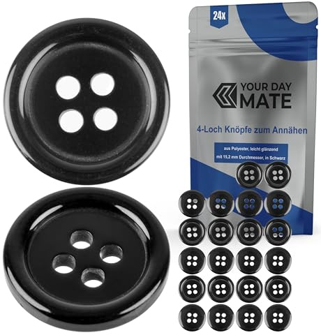 Knöpfe für Bekleidung, 24 Stück, 4-Loch, Ø 15,2 mm, in Schwarz, aus Polyester, Größe 24L, Harzknöpfe für Jacke, Mantel, Hemd, Poloshirt, DIY Knopf Kunstharz, Wäscheknöpfe, Basis Button, Bastelknöpfe