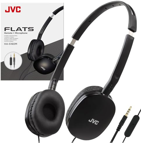 JVC Black Flat Foldable Colorful Flats On Ear Headphones with Remote and Microphone, 3.94 Foot Gold Plated 3.5mm Slim Plug - HAS160MB