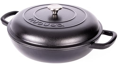 Cacerola de hierro fundido poco profunda con tapa, olla de horno holandés antiadherente, apta para horno hasta 500 °F, utensilios de cocina resistentes a prueba de horno, olla esmaltada, color negro,